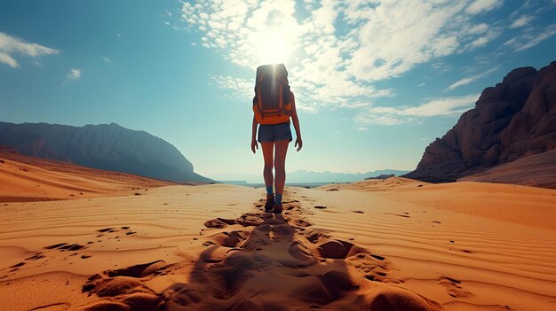 Foto um caminhante caminhando por um campo de areia do deserto com montanhas