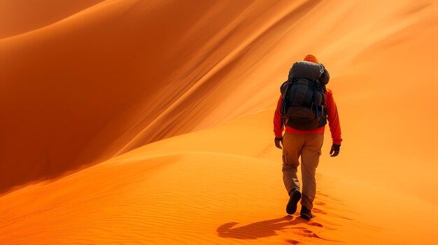 Foto um caminhante com uma mochila caminhando através de uma duna do deserto ao sol