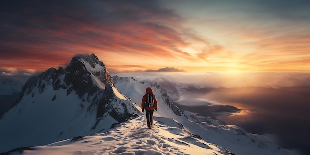 Um caminhante de jaqueta laranja caminhando no pico da montanha coberta de neve ao pôr do sol