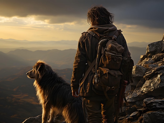 Um caminhante e seu cão escalam as montanhas Um mochileiro viajando com seu cão