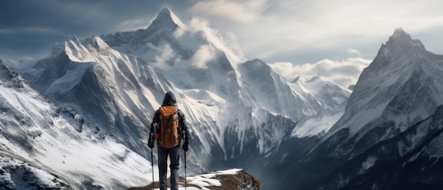 Um caminhante enfrentando majestosas montanhas nevadas