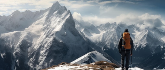 Foto um caminhante enfrentando majestosas montanhas nevadas