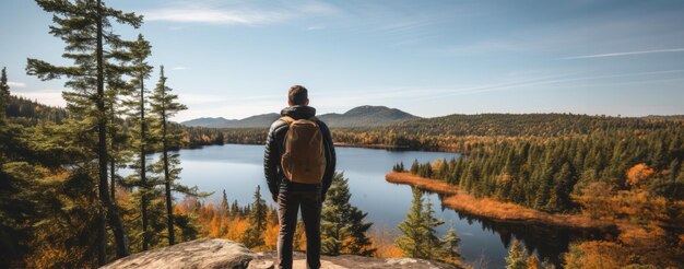 Um caminhante masculino de pé na frente de um lago de volta para a câmera olhando para a bela paisagem