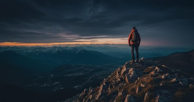 Foto um caminhante no topo da montanha à noite