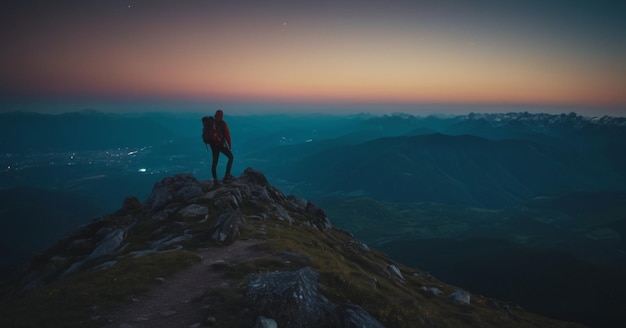 Um caminhante no topo da montanha à noite