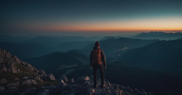 Um caminhante no topo da montanha à noite