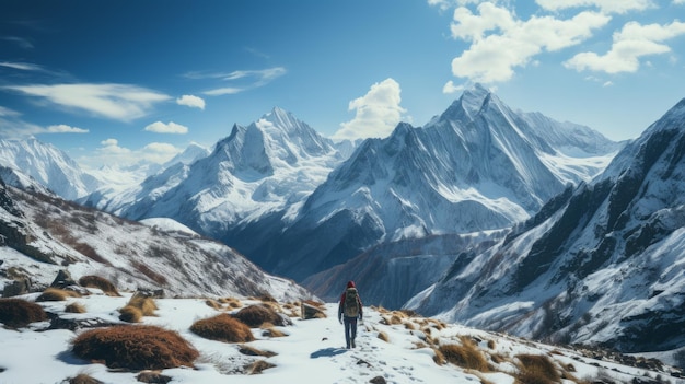 Um caminhante solitário atravessa a paisagem montanhosa coberta de neve