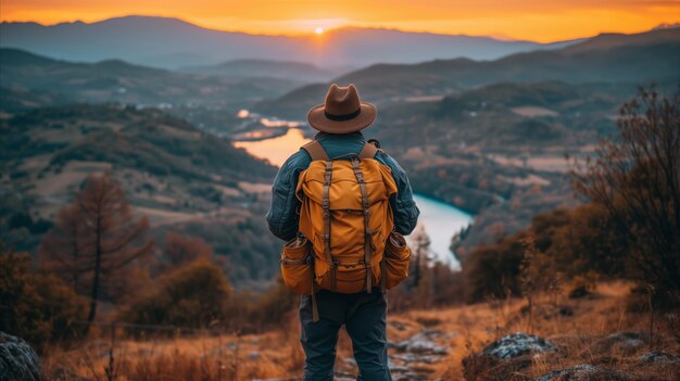 Um caminhante sozinho com vista para um rio sereno ao pôr-do-sol