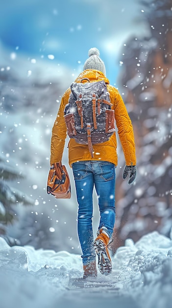 Um caminhante sozinho viajando através de uma montanha de neve