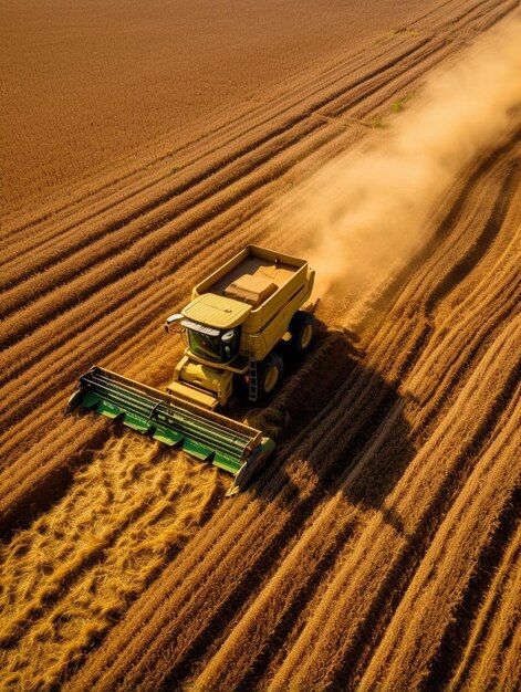 um caminhão amarelo está dirigindo através de um campo de terra