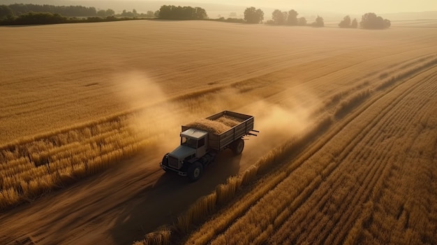 Um caminhão atravessa um campo de trigo