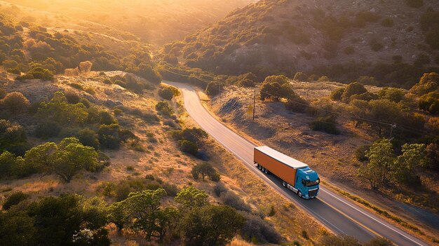 um caminhão azul desce por uma estrada sinuosa com um pôr-do-sol ao fundo