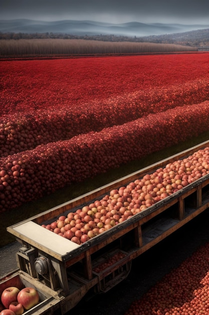 Um caminhão carregando uma carga de maçãs em um campo