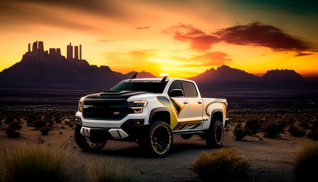 Foto um caminhão chevrolet silverado está estacionado em um deserto com um pôr do sol ao fundo