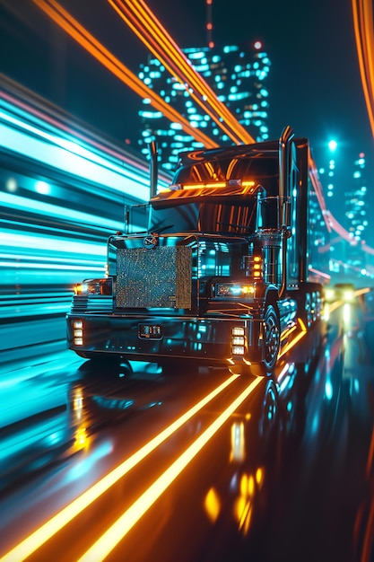 Um caminhão cibernético moderno a conduzir na estrada.
