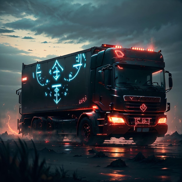 Um caminhão com runas brilhantes