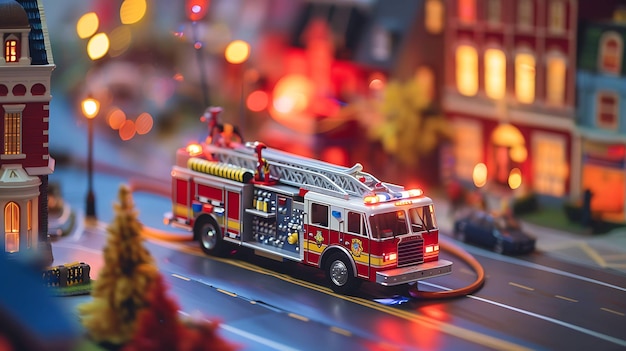 Um caminhão de bombeiros de brinquedo desce uma rua em uma aldeia modelo O caminhão de incêndio é vermelho e branco e tem uma escada no topo