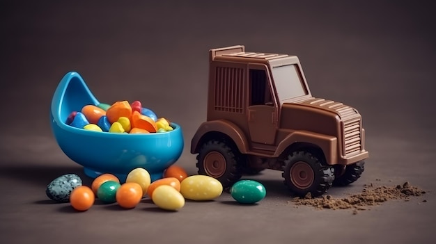 Um caminhão de brinquedo com ovos de chocolate na frente