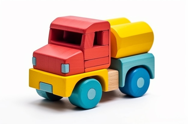 Um caminhão de brinquedo com um bloco vermelho, amarelo e azul na lateral.