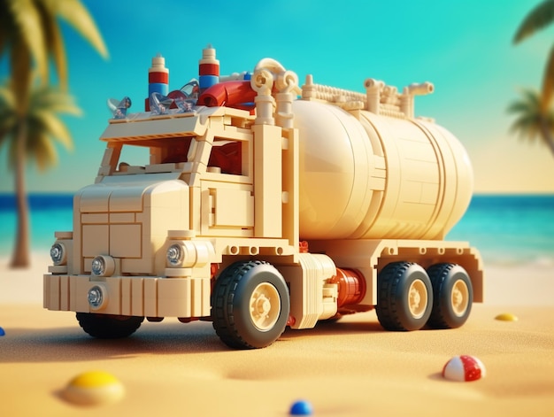 Um caminhão de brinquedo com um tanque na praia