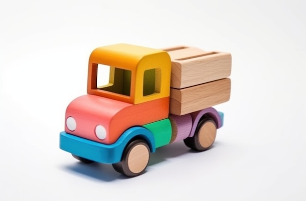 Um caminhão de brinquedo com uma caixa de madeira na parte de trás.