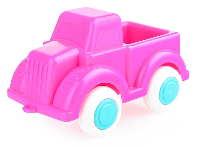 Foto um caminhão de brinquedo de plástico rosa em um fundo branco. brinquedo seguro para crianças.