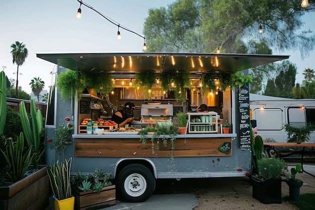 Um caminhão de comida está estacionado em um estacionamento movimentado com clientes encomendando e desfrutando de comida deliciosa Um caminhões de comida ecológica servindo refeições orgânicas