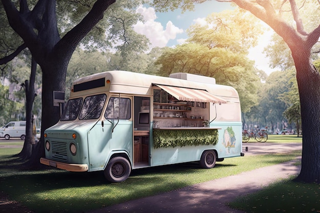 Um caminhão de comida estacionado em um parque da cidade cercado por árvores e IA generativa da natureza