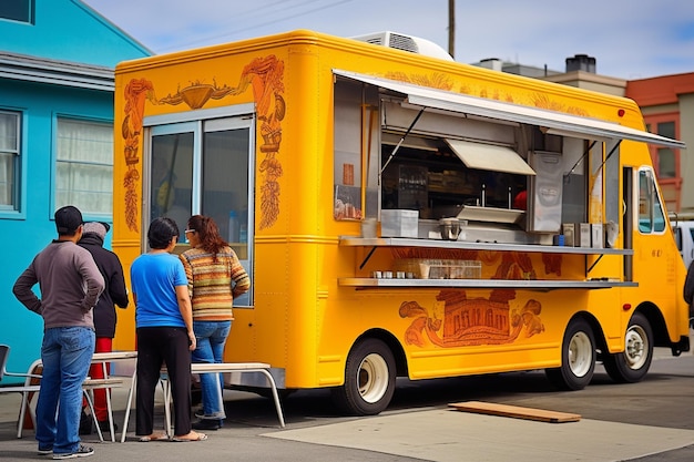 Um caminhão de comida tamale com uma fila de clientes esperando para pedir