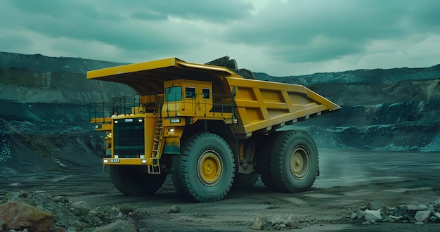 Foto um caminhão de descarga amarelo com um grande caminhão de carga amarelo no fundo