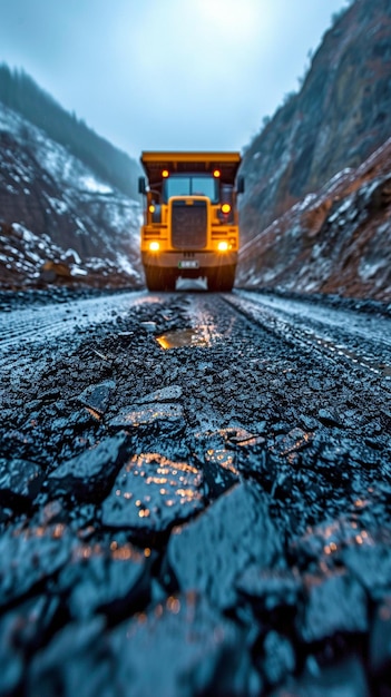 Foto um caminhão de descarga remove asfalto aquecido construindo uma nova estrada