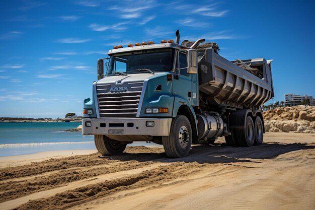 Foto um caminhão de despejo despeja uma carga de areia em um projeto de reabastecimento de praia