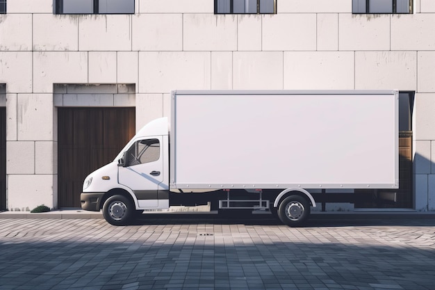 Um caminhão de entrega branco estacionado ao lado de um edifício moderno com espaço para marcação