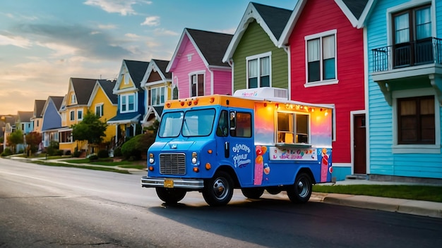 Um caminhão de sorvete em frente a casas coloridas