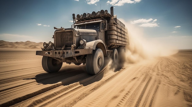 Um caminhão no deserto com a palavra areia na frente