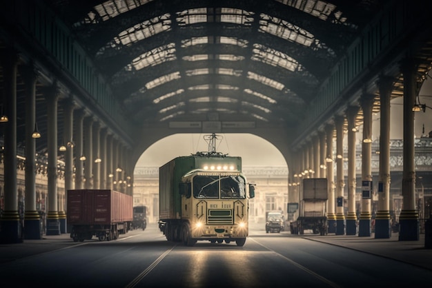 um caminhão passando por um túnel mostrando a profissão de logística e transporte