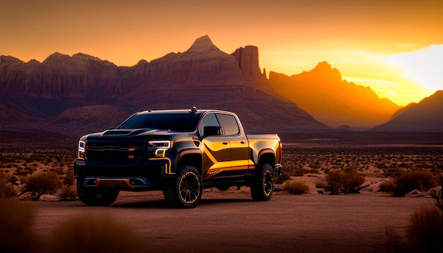 Um caminhão preto chevy silverado está estacionado em um deserto ao pôr do sol