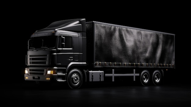 um caminhão preto com uma cobertura de lona preta é mostrado.