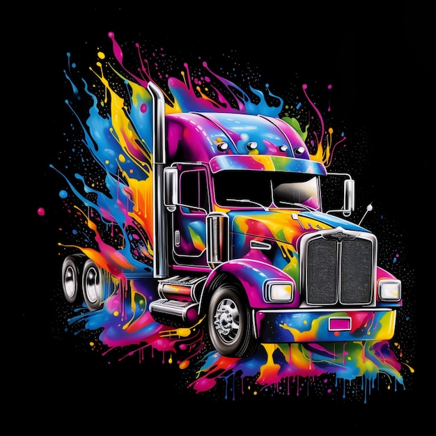 um caminhão semi de cores brilhantes com um desenho pintado em spray na frente ai generativo