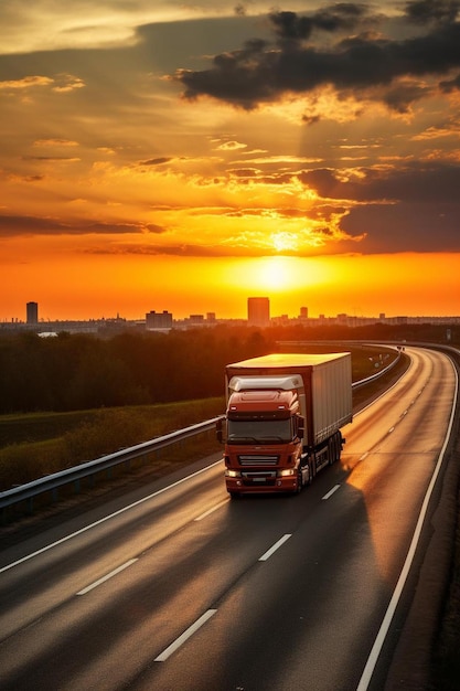 Foto um caminhão semi dirigindo por uma rodovia ao pôr do sol