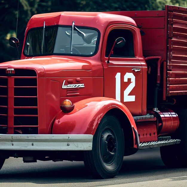 Um caminhão vermelho com o número 12 na lateral