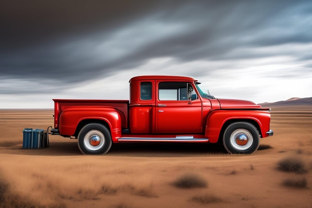 Um caminhão vermelho está estacionado em um deserto com um céu nublado ao fundo.