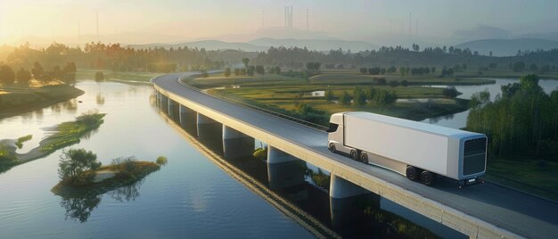 Foto um caminhão viajando sobre uma ponte conduzido de forma autônoma por inteligência artificial entregando carga para o futuro inteligência artificial carros autônomos