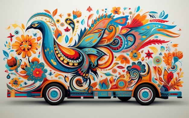 Um caminhão vibrante adornado com desenhos de flores coloridas AI
