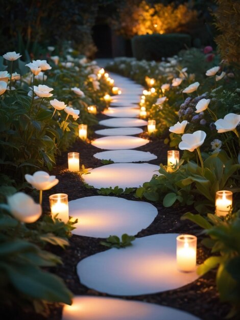 Um caminho à luz de velas brancas num jardim