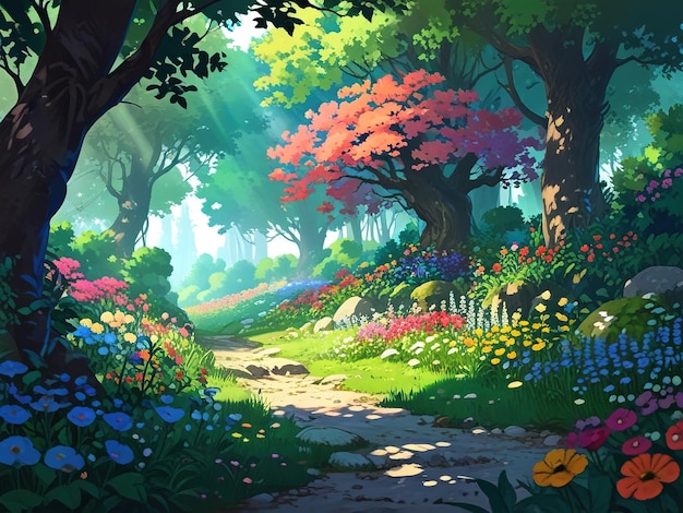 Um caminho através da floresta com flores e um caminho