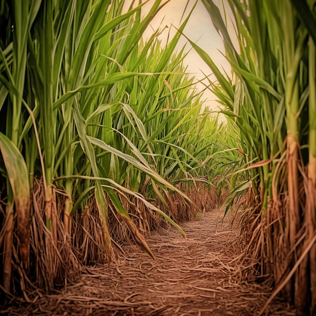 Um caminho através da grama alta com a palavra arroz