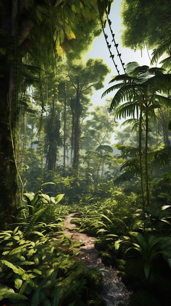 Um caminho através da selva com um fundo de selva.