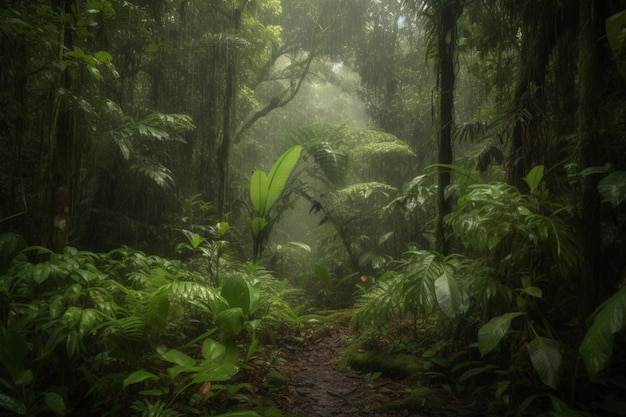 Um caminho através da selva com uma selva verdejante ao fundo.