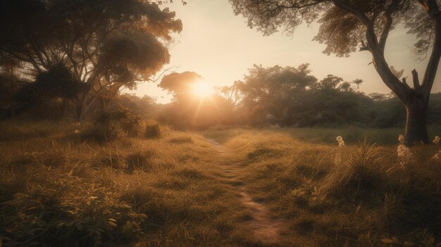 Um caminho através de um campo de grama com o sol brilhando sobre ele